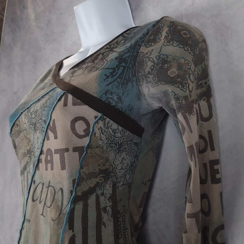 Women’s Mixed Print Asymmetric Long-Sleeve Blouse - Teal & Taupe - Picture 3 of 16